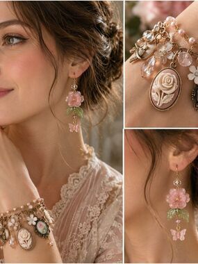 Vintage-Inspired Cameo Floral Charm Bracelet & Pink Flower Earrings Set